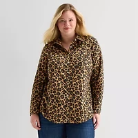 St. John's Bay Womens Plus Cuffed Long Sleeve Regular Fit Button-Down Shirt