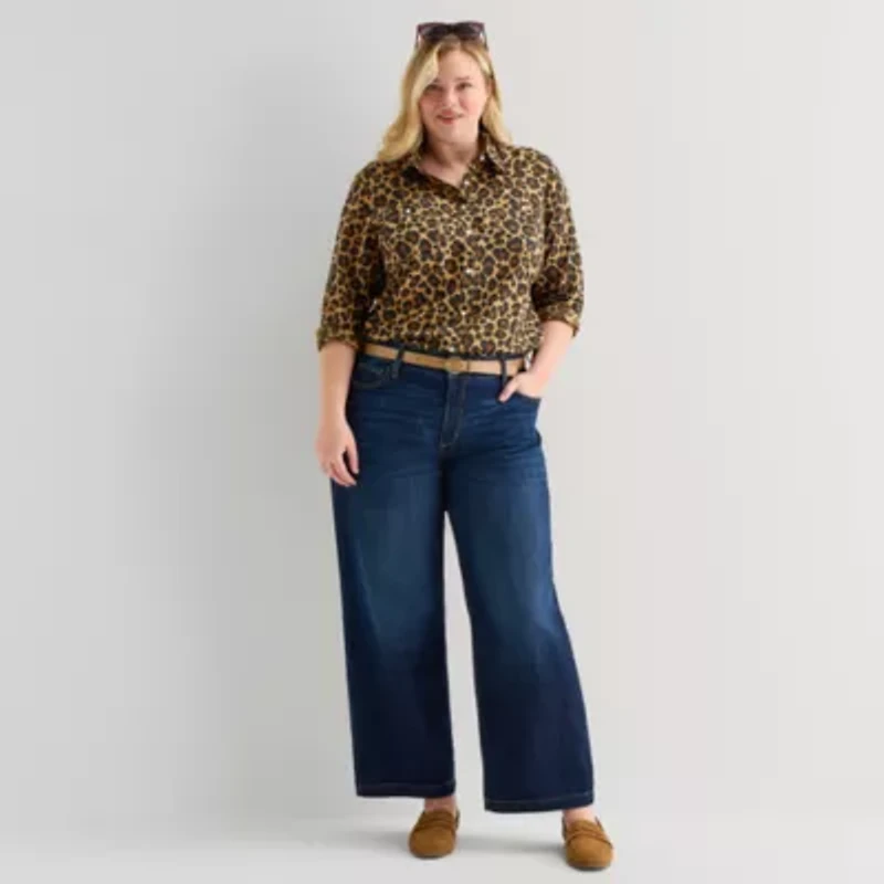 St. John's Bay Womens Plus Cuffed Long Sleeve Regular Fit Button-Down Shirt