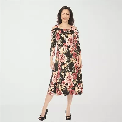 White Mark Cold Shoulder Womens 3/4 Sleeve Midi Floral A-Line Dress