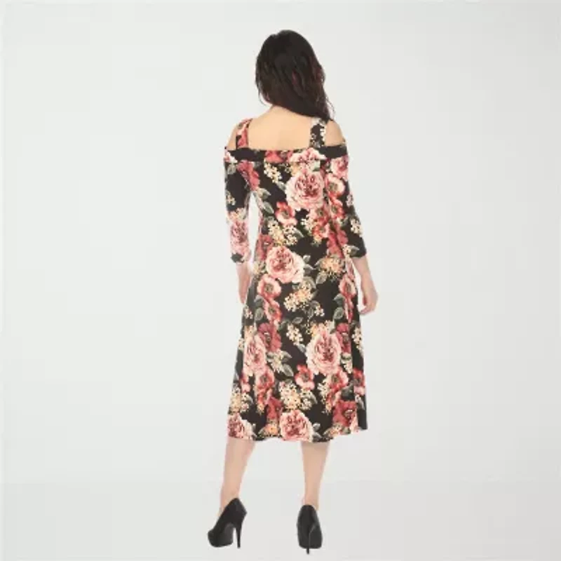 White Mark Cold Shoulder Womens 3/4 Sleeve Midi Floral A-Line Dress
