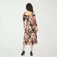 White Mark Cold Shoulder Womens 3/4 Sleeve Midi Floral A-Line Dress