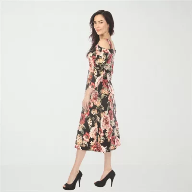 White Mark Cold Shoulder Womens 3/4 Sleeve Midi Floral A-Line Dress