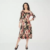 White Mark Cold Shoulder Womens 3/4 Sleeve Midi Floral A-Line Dress