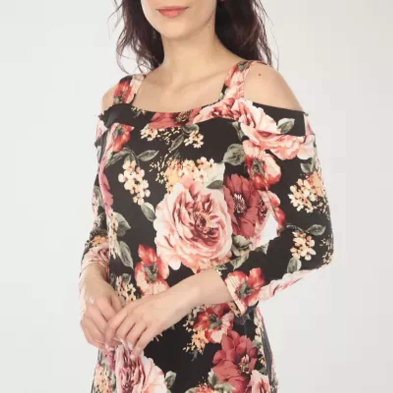 White Mark Cold Shoulder Womens 3/4 Sleeve Midi Floral A-Line Dress