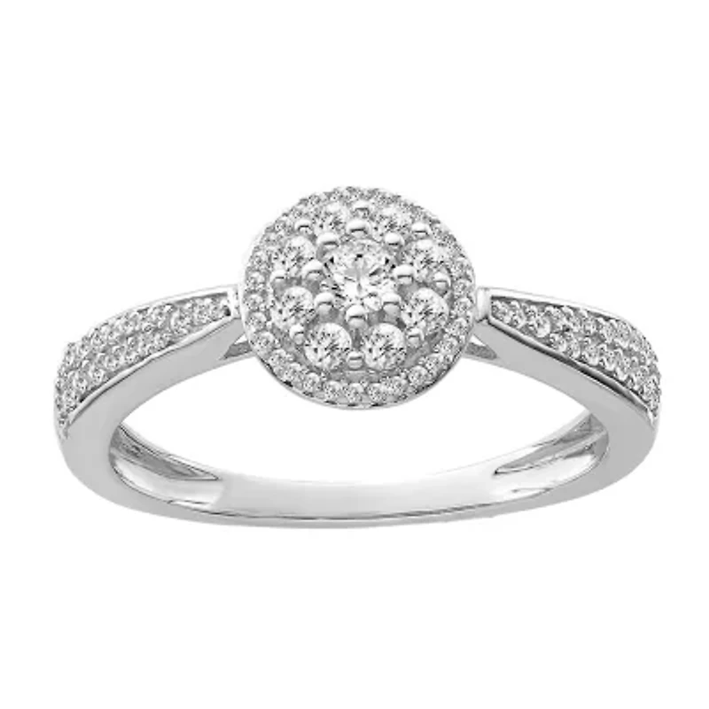 Womens 3/8 CT. Natural White Diamond 10K Gold Round Side Stone Halo Engagement Ring