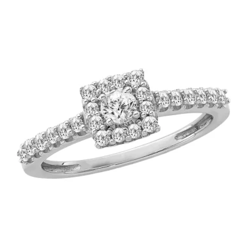 Womens 1/2 CT. Natural White Diamond 10K Gold Cushion Halo Engagement Ring