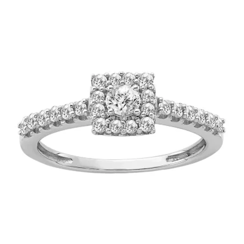 Womens 1/2 CT. Natural White Diamond 10K Gold Cushion Halo Engagement Ring