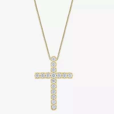 (G/Si2) Womens 1/2 CT. T.W. Lab Grown White Diamond 10K Gold Cross 18 Inch Pendant Necklace