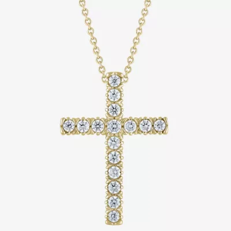 G/Si2) Womens 1/ CT. T.W. Lab Grown White Diamond 10K Gold Cross 18 Inch Pendant Necklace