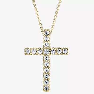 G/Si2) Womens 1/ CT. T.W. Lab Grown White Diamond 10K Gold Cross 18 Inch Pendant Necklace