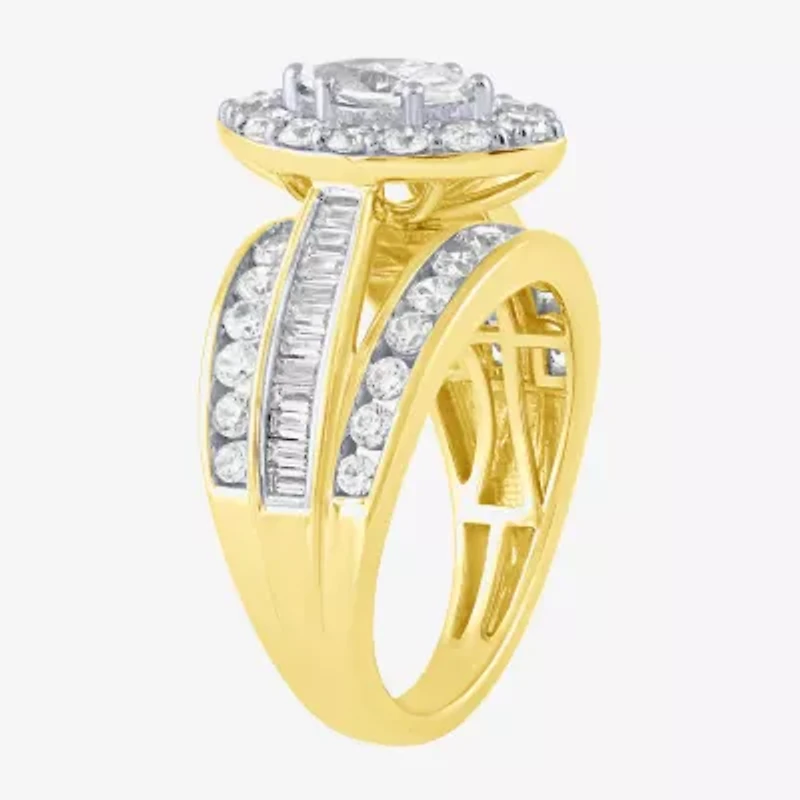 (G / Si2) Womens 2 CT. T.W. Lab Grown White Diamond 10K Gold Side Stone Halo Engagement Ring