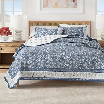 Linery Bordered Boho Floral Cotton Reversible Quilt Set