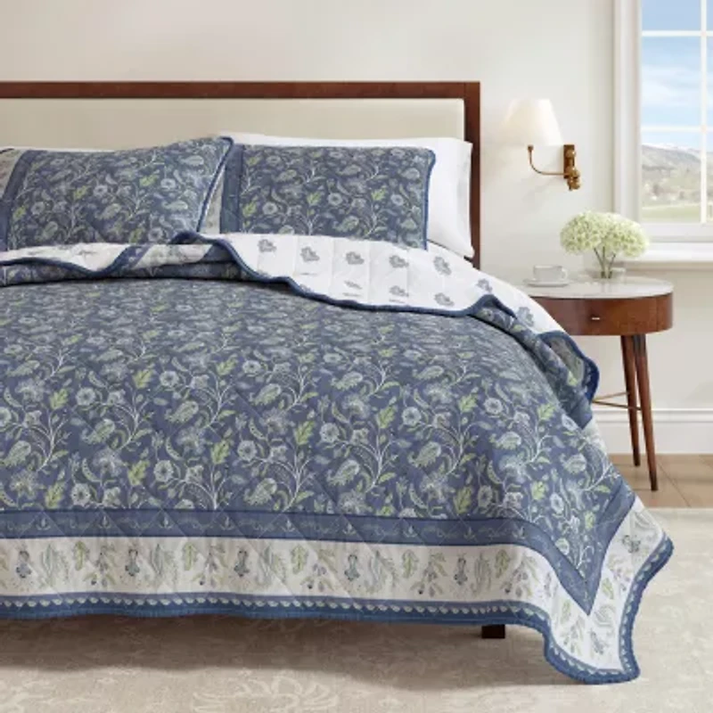 Linery Bordered Boho Floral Cotton Reversible Quilt Set
