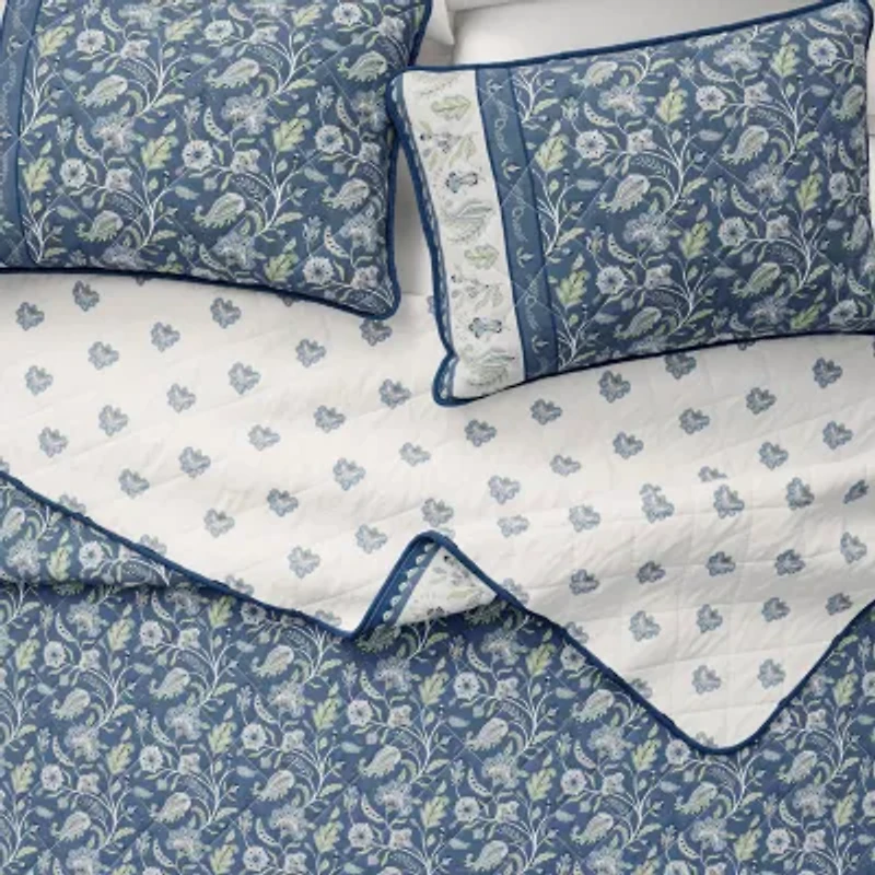 Linery Bordered Boho Floral Cotton Reversible Quilt Set