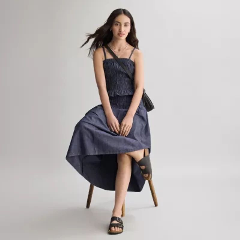 a.n.a Smocked Womens Midi A-Line Skirt