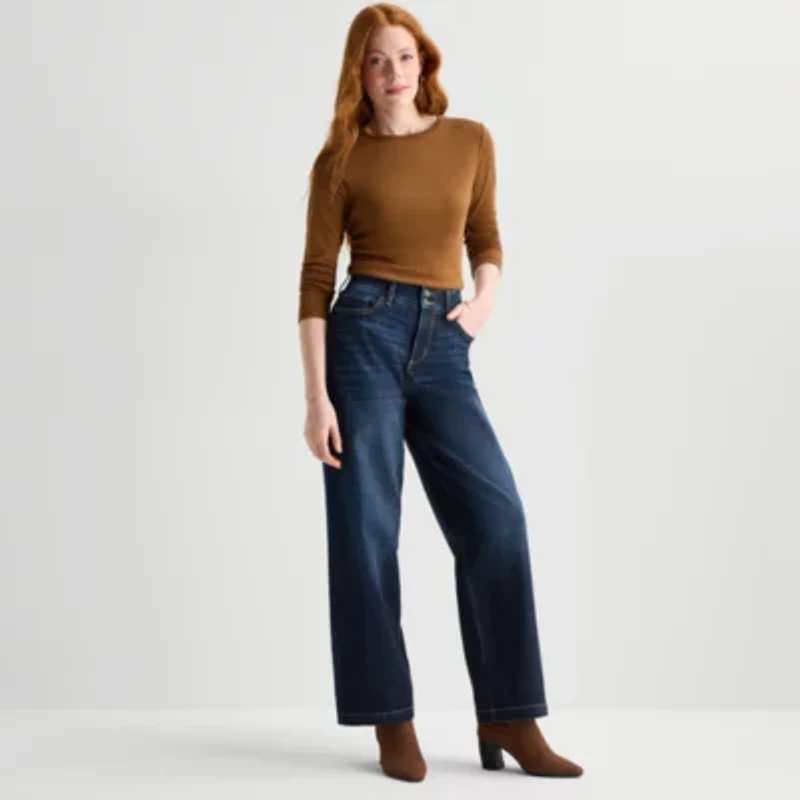 St. John's Bay Womens High Rise Stretch Fabric Wide Leg Jean