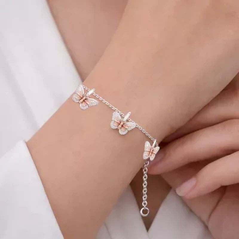 Enchanted Disney Fine Jewelry Womens 1/6 CT. T.W. Natural White Diamond 10K Rose Gold Sterling Silver Princess Mulan Charm Bracelet