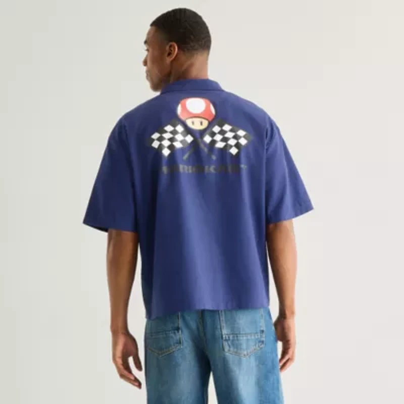 Novelty Mens Short Sleeve Regular Fit Super Mario Button-Down Shirt
