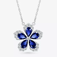 Womens Lab Created Blue Sapphire & 1/5 CT. T.W. Genuine Diamond Sterling Silver Flower Pendant Necklace