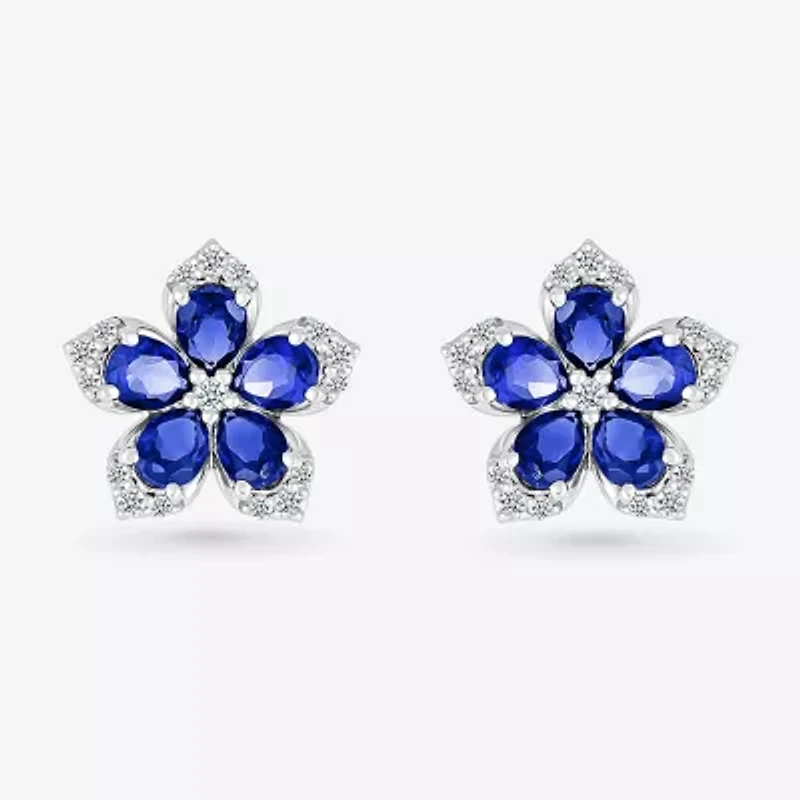 Womens Lab Created Blue Sapphire & 1/5 CT. T.W. Genuine Diamond Sterling Silver 12.3mm Flower Stud Earrings