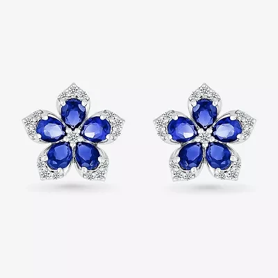 Womens Lab Created Blue Sapphire & 1/5 CT. T.W. Genuine Diamond Sterling Silver 12.3mm Flower Stud Earrings