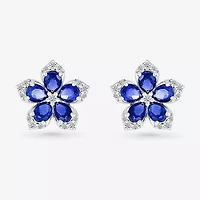 Womens Lab Created Blue Sapphire & 1/5 CT. T.W. Genuine Diamond Sterling Silver 12.3mm Flower Stud Earrings
