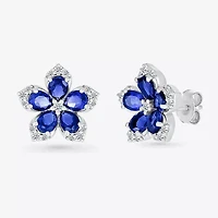 Womens Lab Created Blue Sapphire & 1/5 CT. T.W. Genuine Diamond Sterling Silver 12.3mm Flower Stud Earrings