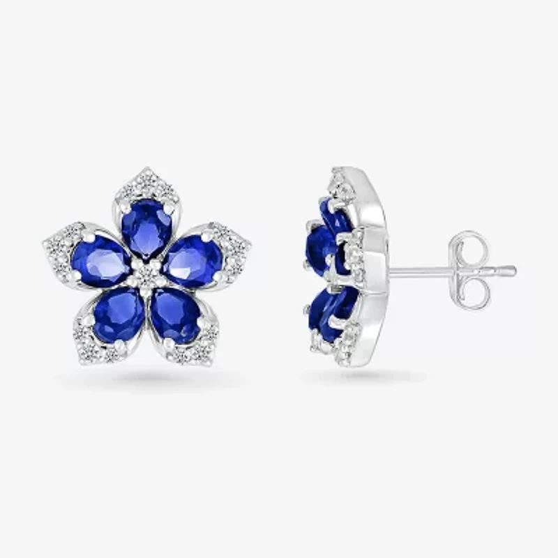 Womens Lab Created Blue Sapphire & 1/5 CT. T.W. Genuine Diamond Sterling Silver 12.3mm Flower Stud Earrings
