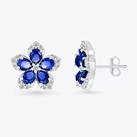 Womens Lab Created Blue Sapphire & 1/5 CT. T.W. Genuine Diamond Sterling Silver 12.3mm Flower Stud Earrings