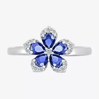 Womens Diamond Accent Lab Created Blue Sapphire Sterling Silver Flower Cocktail Ring