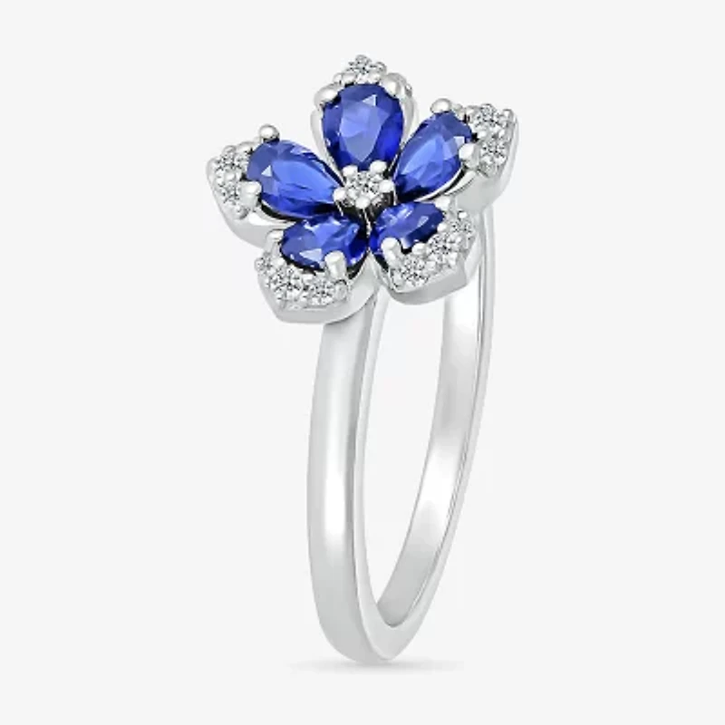 Womens Diamond Accent Lab Created Blue Sapphire Sterling Silver Flower Cocktail Ring
