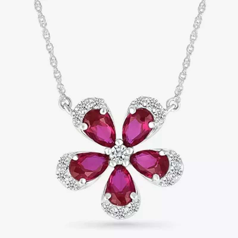 Womens Lab Created Red Ruby Sterling Silver Flower 18 Inch Pendant Necklace