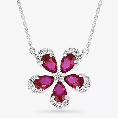 Womens Lab Created Red Ruby Sterling Silver Flower 18 Inch Pendant Necklace