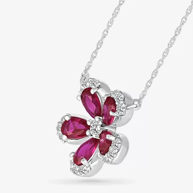 Womens Lab Created Red Ruby Sterling Silver Flower 18 Inch Pendant Necklace