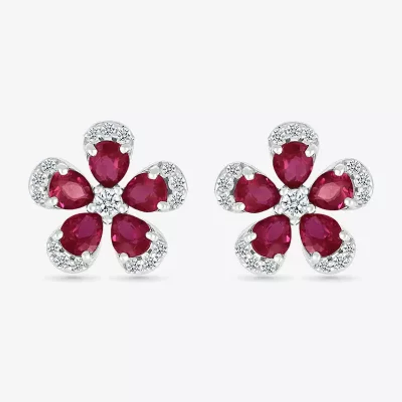 Lab Created Red Ruby Sterling Silver 12.5mm Flower Stud Earrings