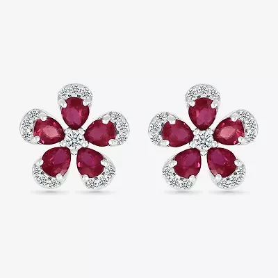 Lab Created Red Ruby Sterling Silver 12.5mm Flower Stud Earrings
