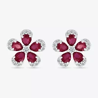 Lab Created Red Ruby Sterling Silver 12.5mm Flower Stud Earrings