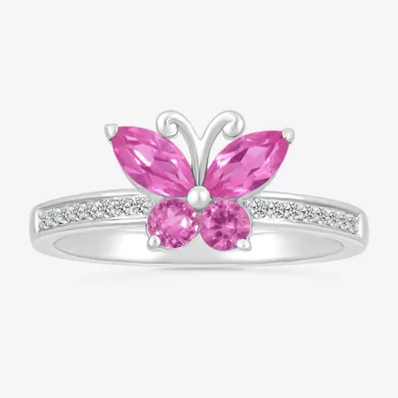 Womens Lab Created Pink Sapphire Sterling Silver Butterfly Cocktail Ring