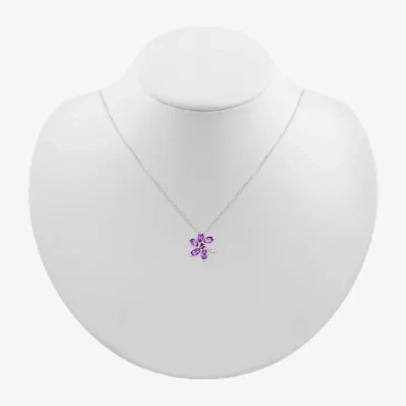 Womens Genuine Purple Amethyst Sterling Silver Flower 18 Inch Pendant Necklace