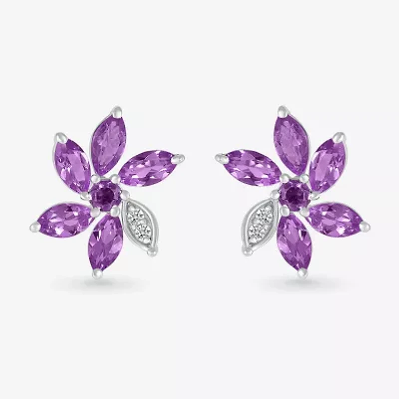 Genuine Purple Amethyst Sterling Silver 11.5mm Flower Stud Earrings