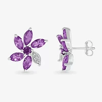 Genuine Purple Amethyst Sterling Silver 11.5mm Flower Stud Earrings