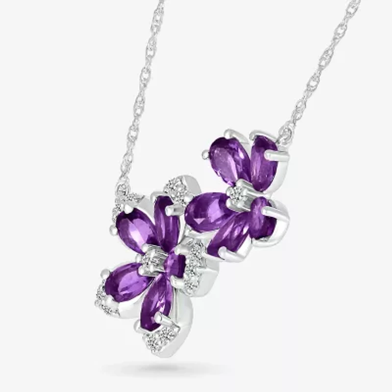 Womens Genuine Purple Amethyst Sterling Silver Flower 18 Inch Pendant Necklace