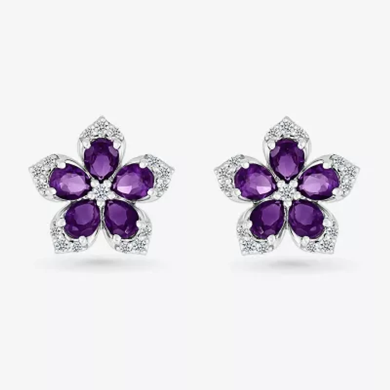 Genuine Purple Amethyst Sterling Silver 12.3mm Flower Stud Earrings