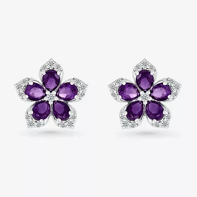 Genuine Purple Amethyst Sterling Silver 12.3mm Flower Stud Earrings