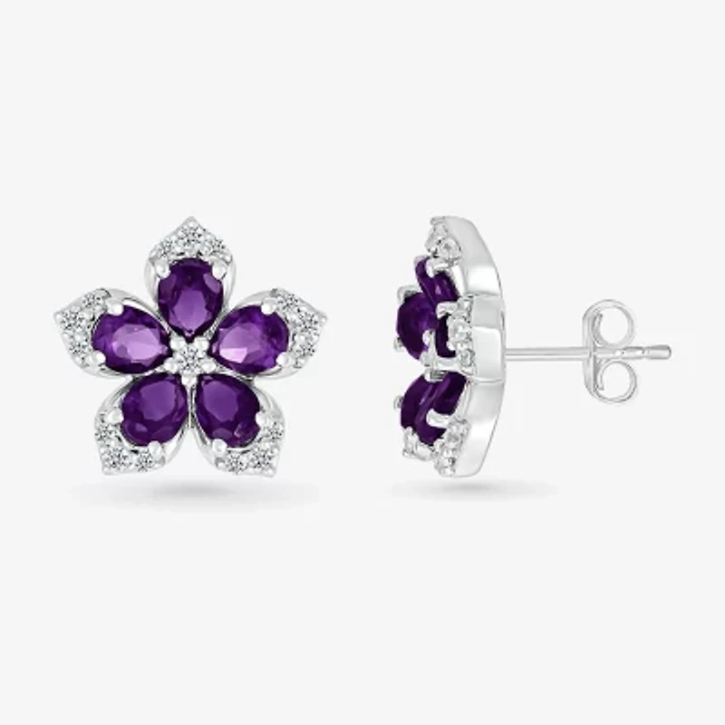Genuine Purple Amethyst Sterling Silver 12.3mm Flower Stud Earrings