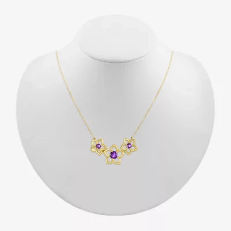 Womens Genuine Purple Amethyst 10K Gold Flower 18 Inch Pendant Necklace