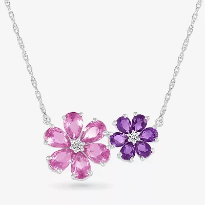 Womens Genuine Purple Amethyst Sterling Silver Flower 18 Inch Pendant Necklace