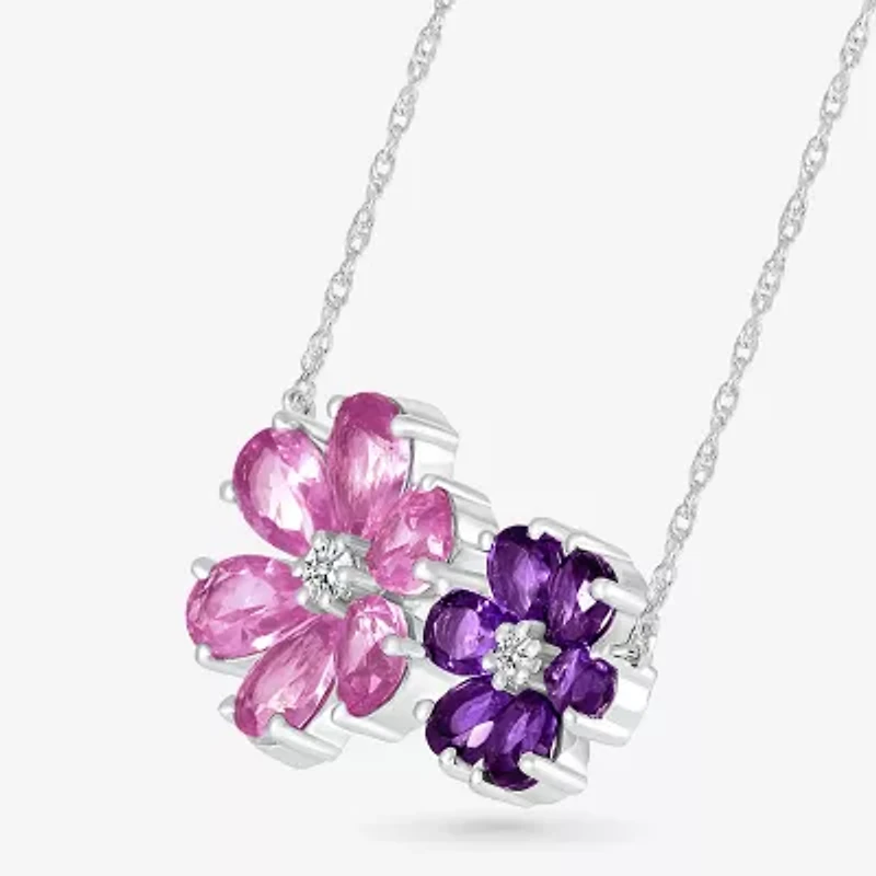 Womens Genuine Purple Amethyst Sterling Silver Flower 18 Inch Pendant Necklace