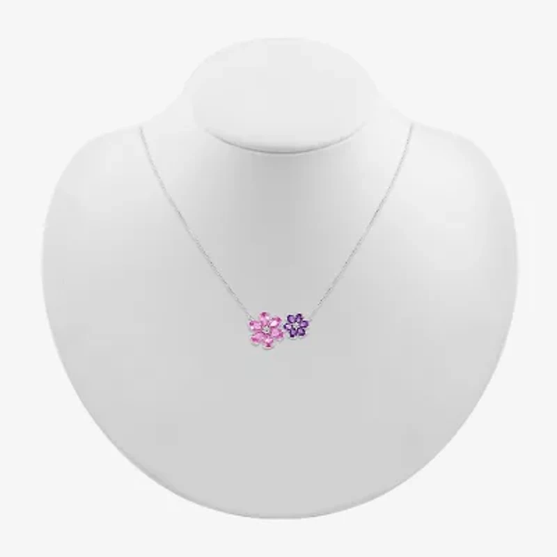 Womens Genuine Purple Amethyst Sterling Silver Flower 18 Inch Pendant Necklace