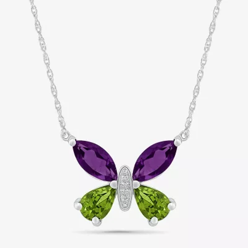 Womens Diamond Accent Genuine Purple Amethyst Sterling Silver Butterfly 18 Inch Pendant Necklace
